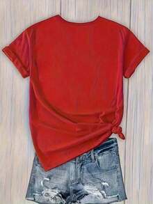 Tops de Verano 2026: Camiseta Estampada de Moda con Personalidad, Top Casual de Manga Corta para Mujer de Primavera y Verano, Camiseta de Moda con Cuello Redondo para Mujer, Ropa de Verano Holgada y Cómoda para Mujer 100% Cotton Blusas Bonito - Rojo - Ver 3