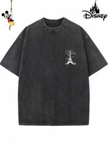 Men's Disney Black Washed Mickey Eiffel Tower Tee, Retro Print, Loose Fit, Premium Cotton. - màu đen - Xem 3