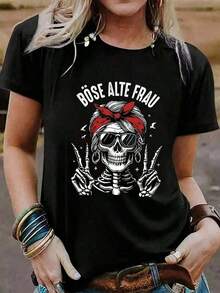 Short-Sleeved T-Shirt With Round Neck And Skeleton Print, Comfortable For Spring/Summer - Black - View 6