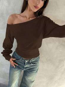 Top de manga larga asimétrico de hombro de punto de color albaricoque para mujer, otoño/invierno - Café integral - Ver 5