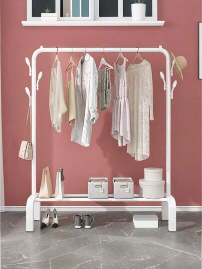 1-częściowy wieszak na ubrania, zajmujący mało miejsca, przenośny, lekki, łatwy w montażu, wyposażony w haczyki i platformę do przechowywania, metalowy wieszak na ubrania, odpowiedni do sypialni, salonu, akademika i mieszkania.
