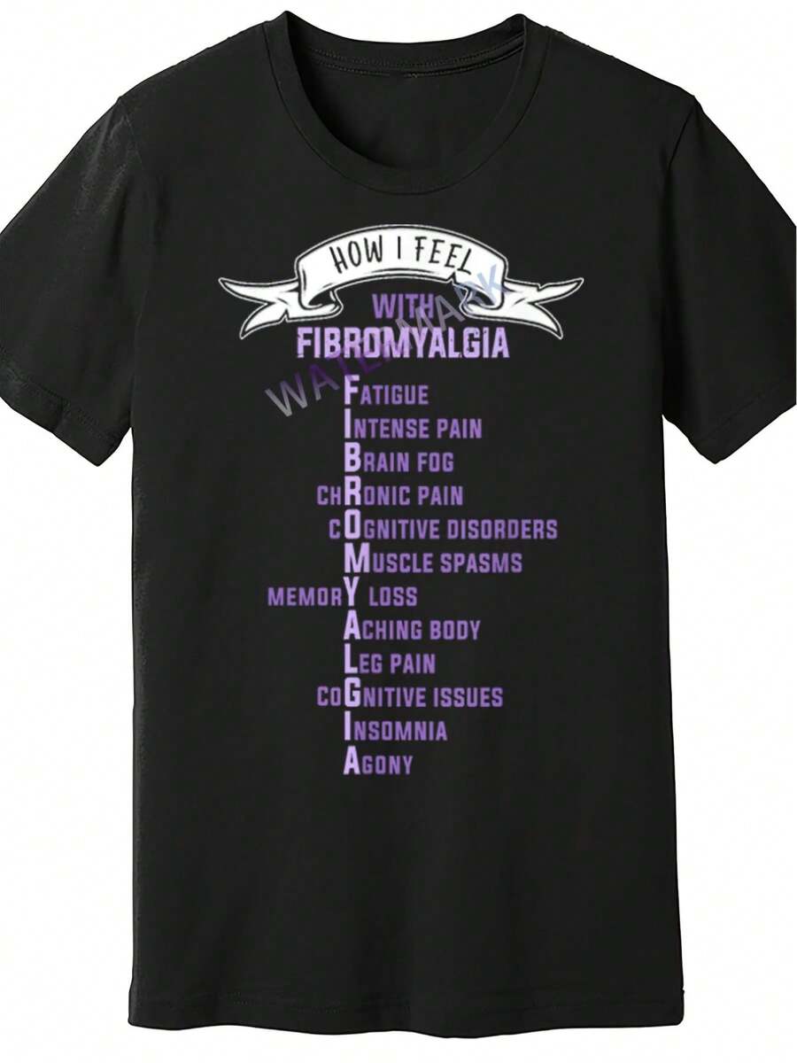 Fibromyalgia Awareness T-Shirt - Black With Symptom List - Chronic Fatigue, Brain Fog, FM IBS - Soft And Breathable Fabric - Crew Neck - Gift For Spoonie Warrior With MS, Fashionable Casual Short Sleeve Plain Color Fitted T-Shirt