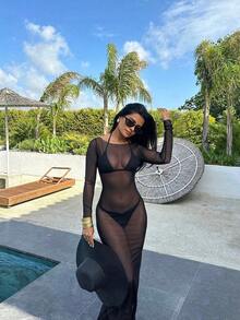 Vestido de manga larga con hombros descubiertos, de malla transparente y ajustado al Body, elegante para el verano - Negro - Ver 7