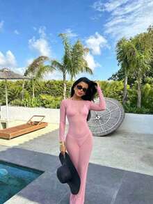 Vestido de manga larga con hombros descubiertos, de malla transparente y ajustado al Body, elegante para el verano - Rosa - Ver 5