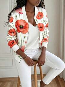 Chaqueta con cremallera con estampado floral casual para mujer - Multicolor 5 - Ver 6