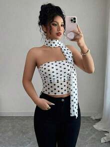 Elegante top de camisola plisada con bufanda de malla para mujeres - Blanco - Ver 5