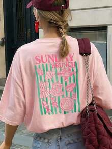 Camiseta de manga corta para mujer, estilo retro americano vintage, con estampado de bloques de color y rayas, suave, cómoda, holgada, informal, ideal para reuniones de fin de semana en verano, cafeterías, paseos por la ciudad y desplazamientos diarios, color rosa. - Rosa - Ver 5