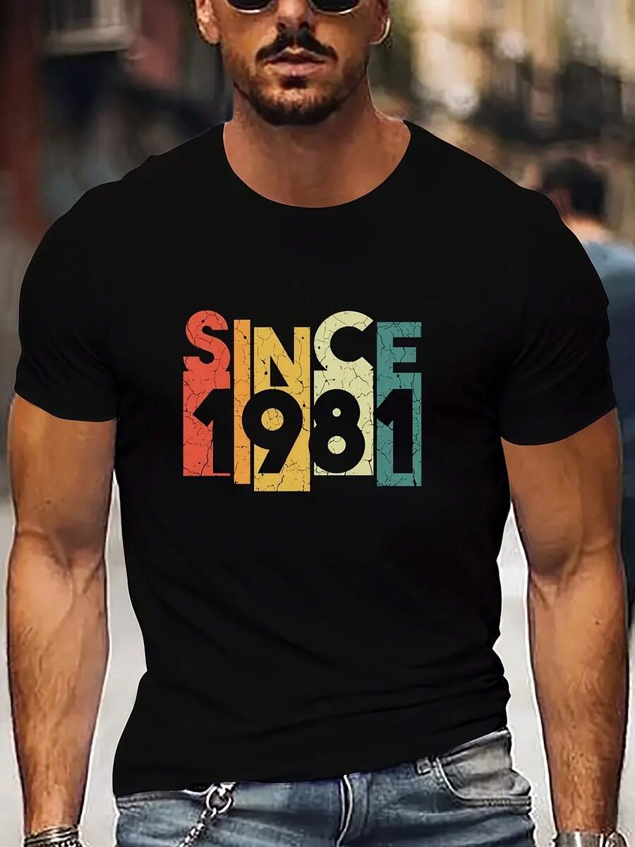 Camiseta unisex de manga corta, camiseta retro para hombre con estampado "Desde 1981" - Camiseta casual de verano con estampado geométrico colorido, tela de poliéster ligera, cuello redondo, corte relajado, perfecta para atuendos casuales, camiseta de verano.| Camiseta con Estampado Vintage| Lightweight Shirt, T Shirplayeras hombre,spiderman,, mujer,romwe men,boho chic,maestras regalos,camiseta para mujerconjuntos curvy para mu,y2k, - Negro - Ver 1