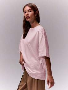 Camiseta de cuello redondo suave y oversize, parte de un armario cápsula casual, camiseta oversize para uso diario, aeropuerto, vuelta al colegio, elegante para primavera y verano, vacaciones - Rosa Pálido - Ver 3