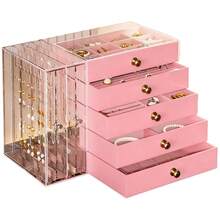 1 pieza Caja de joyería de escritorio grande y multifuncional con estilo de cajón transparente, caja de almacenamiento para pulseras y brazaletes, caja de almacenamiento de relojes de múltiples capas, caja para anillos, perchero para collares, caja de almacenamiento para aretes, organizador de joyas, caja de joyería con estilo de cajón apilable, caja de joyería de uso múltiple con estilo de cajón, caja de almacenamiento y organización de joyas (rosa), decoración de habitación - Rosa - Ver 11