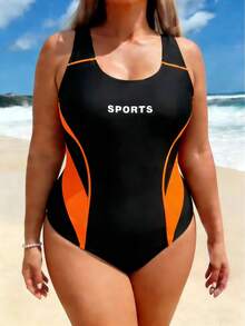 Traje de baño de una pieza de talla grande para mujer, estampado, para mujeres con curvas, que realza la figura, estilo deportivo. - Degradado azul - Ver 7