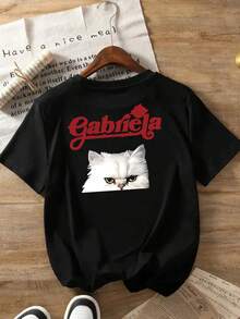Short-Sleeved T-Shirt With Front And Back Print, Gabriela,  Casual Women's T-Shirt With White Cat Motif, Casual Round Neck And Short Sleeves, Ideal For Summer And Spring, Women's Clothing - Black - View 2