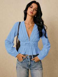 Camisa casual de mujer de unicolor con cuello en V y detalle de nudo en la parte delantera, de manga larga - Celeste - Ver 1