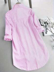 Camisa de mujer de solapa única con rayas y bajo irregular, blusas de manga larga - Rosa - Ver 2