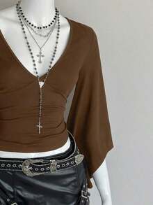 Camiseta ajustada con cuello en V profundo y mangas acampanadas sexy - Marrón - Ver 3