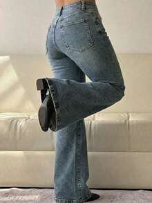 Women's Flare Jeans Mid Waist Baggy Wide Leg Jeans Loose Jeans 90s Denim Pants  Spring And Summer Clothes - 藍灰色 - 查看 4
