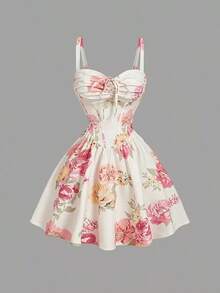 Vestido midi acampanado con cintura fruncida y estampado de flores, con decoración de lazo.Ideal para rave, estilo bohemio, conciertos, graduación, romántico, verano, elegante, vacaciones, fiestas, fluido, invitada de boda, té, modesto, baile d - Multicolor 2 - Ver 1