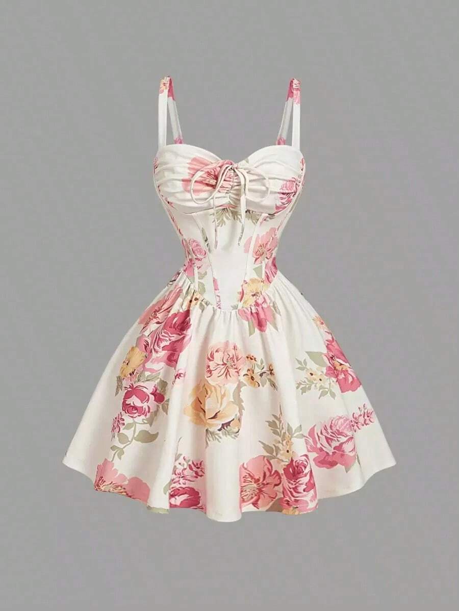 Vestido midi acampanado con cintura fruncida y estampado de flores, con decoración de lazo.Ideal para rave, estilo bohemio, conciertos, graduación, romántico, verano, elegante, vacaciones, fiestas, fluido, invitada de boda, té, modesto, baile d - Multicolor 2 - Ver 1