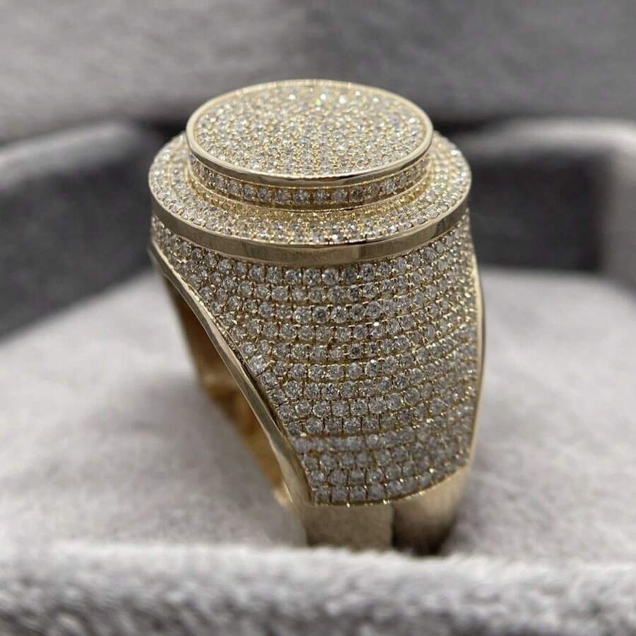 18K Gold Plated Luxury Cubic Zirconia Round Hiphop Ring, Business ...