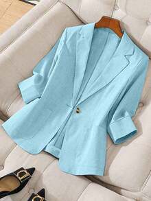 Blazer de lino de 3/4 de manga con cintura ajustable, diseño de botones, adecuado para ir al trabajo, eventos formales, fiestas elegantes, ropa de oficina - Primavera, Verano, Otoño - Azul - Ver 5