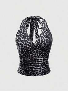 Punk Parte superior con estampado de leopardo y cuello de halter para mujer, escuela - Gris - Ver 1