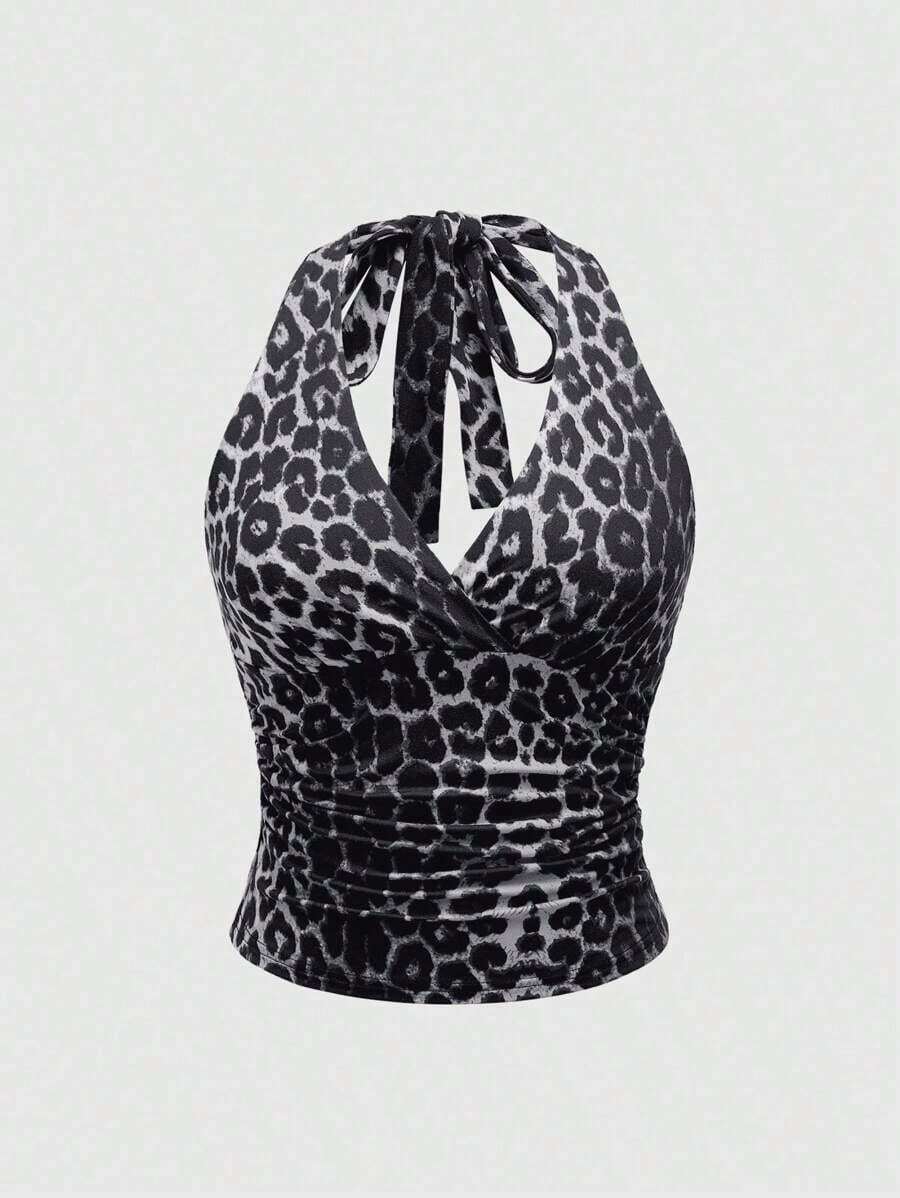 Punk Parte superior con estampado de leopardo y cuello de halter para mujer, escuela - Gris - Ver 1