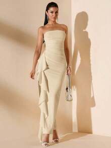 Vestido de dama de honor de boda de verano, vestido largo blanco con pliegues, abertura alta, volantes y tiras para fiesta, sin mangas y sin tirantes, sexy - Albaricoque - Ver 8