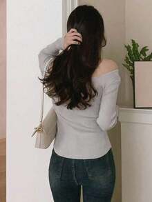 Blusa casual de mujer de punto acanalado con botones y manga corta - Gris - Ver 2