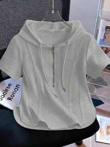 Camiseta con capucha y cremallera asimétrica de manga corta, nueva diseño de top casual para primavera/verano - Gris - Ver 1