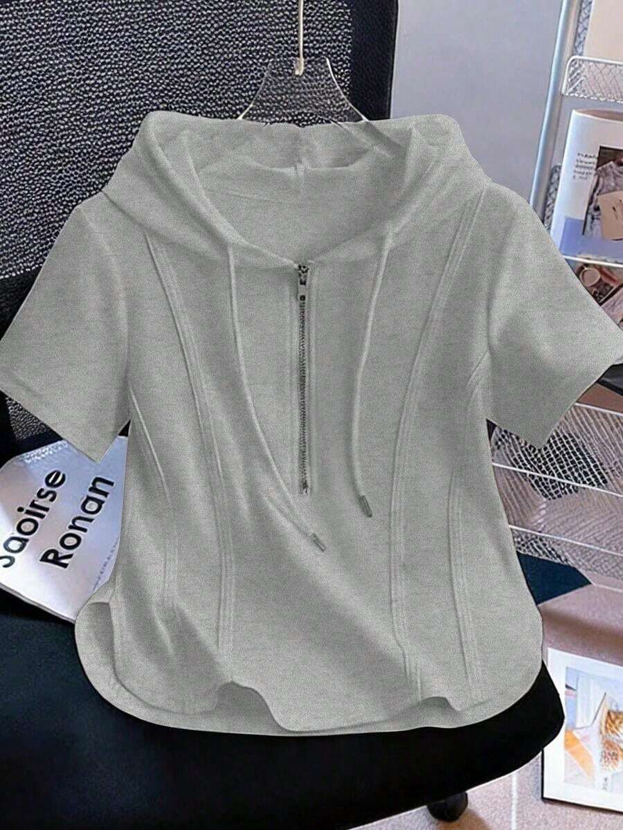 Camiseta con capucha y cremallera asimétrica de manga corta, nueva diseño de top casual para primavera/verano - Gris - Ver 1