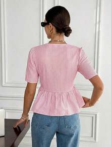 Blusa casual de mujer con rayas y lazo, Blusa de manga corta a rayas elegante para mujer, Decoración de lazo negro vintage, Diseño holgado y estilizante con volantes, Camisa color albaricoque, Verano para mujer, Blusa para salir, Playa para mujer, - Rosa - Ver 2