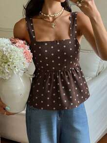 Camiseta de tirantes con volantes y lazo en la espalda con estampado de lunares para mujer - Café integral - Ver 3