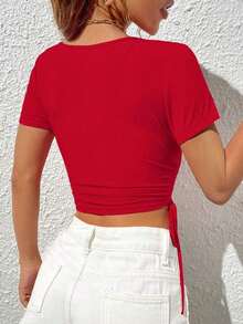 Camiseta ajustada de manga corta con cuello en V y fruncido de unicolor - Rojo - Ver 2