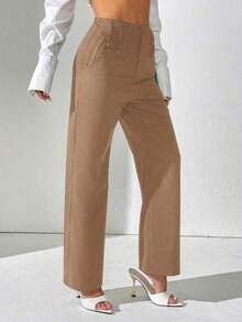 Pantalones rectos de cintura alta de unicolor casual para mujer - Caqui - Ver 4