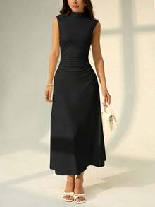 Vestido maxi de línea A con cuello mao, sin mangas, fruncido, color blanco, nuevo para el Día de San Valentín.Elegante y romántico atuendo para citas y trabajo, vestidos de verano para mujer - Negro - Ver 8