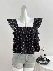 Blusa de mujer con patrón de cuadros arrugados, lunares negros, diseño suelto de mangas con volantes - Negro 2 - Ver 3