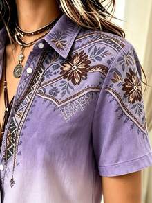 Women's Plus Size Button-Up Short Sleeve Shirt Blouse, Lightweight 3D Print Summer - Mauve Purple - View 3