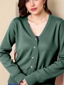 TRICOZHU COAT Women's Cardigan Sweater Knit Cold Weather Buttons Women's Winter Cardigan PLAIN - Dark Green - View 2