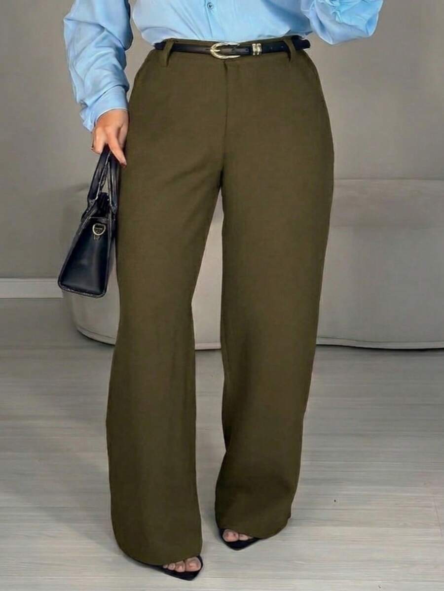 Women's Wide Leg Tailored Trousers With High Waist, Simple Zipper, Pockets, Sizes PP To GG, Office, Formal Evening And Night Wear, Modern Winter, Premium Textured Fabric - 卡其色 - 查看 1