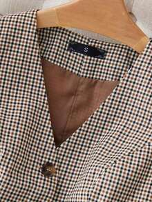 Chaleco casual de mujer con botones frontales y bolsillos, de tela tejida a cuadros, para primavera, otoño y verano - Café integral - Ver 9