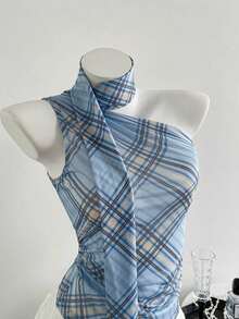 Blusa de mujer casual de vacaciones de gasa con cuello halter, tirantes con lazo y hombro asimétrico sin mangas en estampado de cuadros azules - Azul - Ver 4