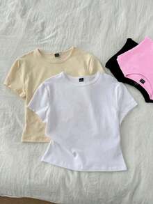 4 piezas Conjunto de camisetas de mujer de cuello redondo de manga corta ajustadas, aptas para el verano y para salir, en negro, blanco, marrón y amarillo crema, 95% algodón, estilo vintage, blusas de verano lindas, estilo softgirl, artículos para salidas de verano, para el hogar, vuelta al colegio, ropa de mujer para otoño, versátil, tops cortos para club y fiesta, paquete de 4 tops cortos básicos de mujer, tops cortos ajustados - Multicolor - Ver 6