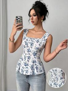 Camisa sin mangas para mujer con cuello mao y corbata plegable de tela estampada - Azul - Ver 9