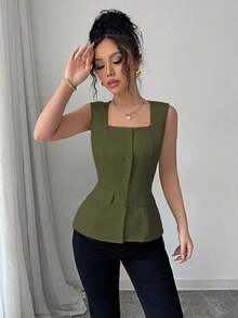 Blusa elegante de mujer con cuello cuadrado sin mangas, decoración con bolsillo falso, camisa ajustada de oficina, primavera/verano - Verde militar - Ver 5