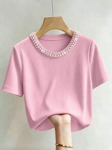 Camiseta de manga corta con cuello redondo ajustado, con cuentas y acanalada, elegante para mujeres - Rosa - Ver 3