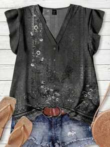 Blusa casual con cuello en V, estampado floral y volante en el bajo, adecuada para el verano - Gris Oscuro - Ver 1