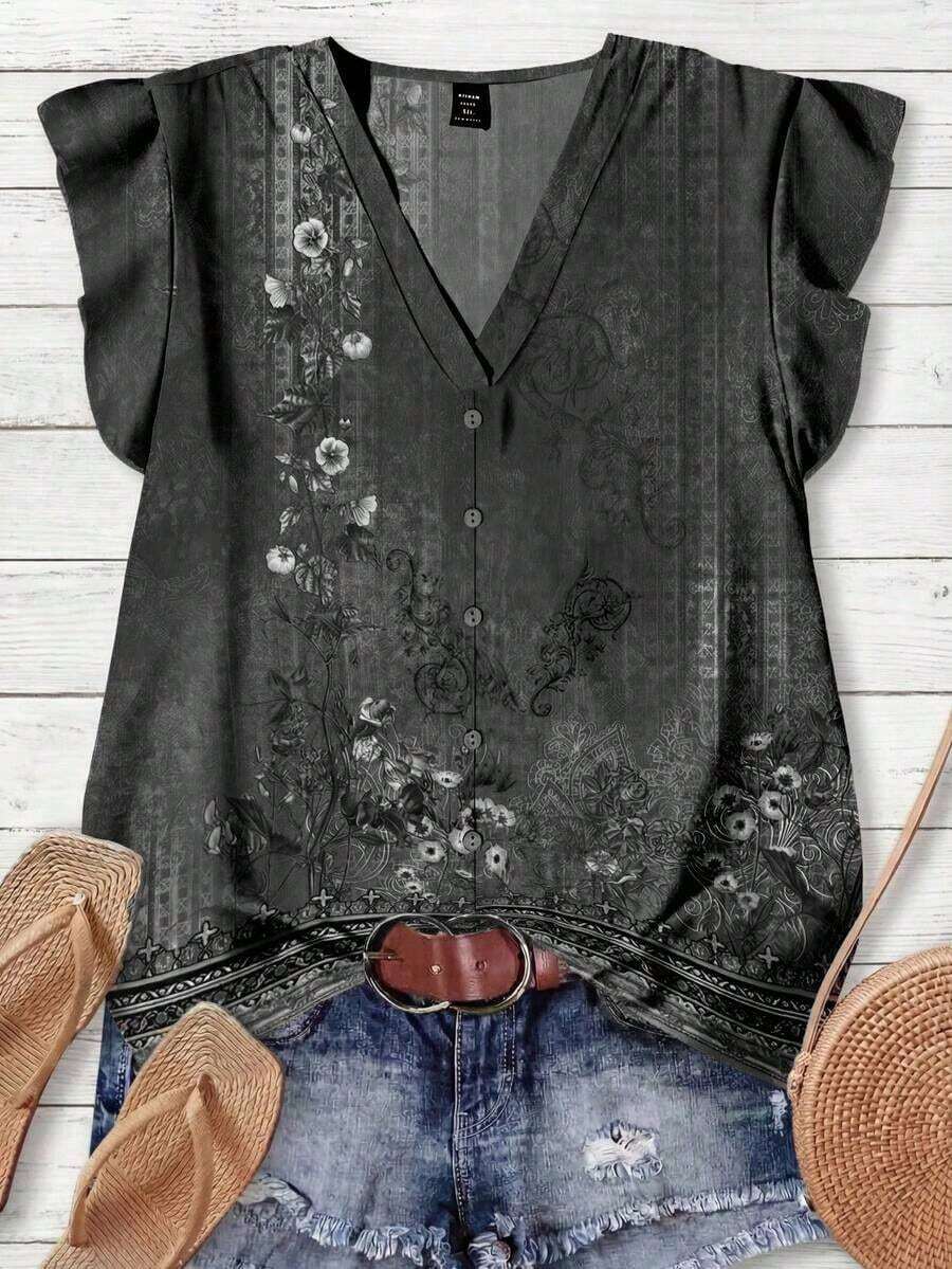 Blusa casual con cuello en V, estampado floral y volante en el bajo, adecuada para el verano - Gris Oscuro - Ver 1