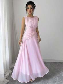 Vestido maxi casual, romántico, vintage y elegante de gasa para mujer con cordón en la cintura, para la playa, el té de la tarde, fiestas de noche, uso diario, sin mangas, de unicolor, vestido largo, primavera/verano - Rosa - Ver 3