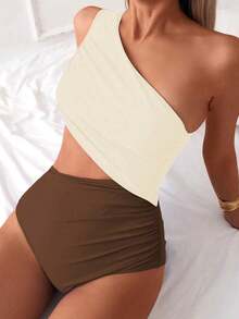 Swim 1 pieza Traje de baño de una pieza para mujer con diseño calado y fruncido en color liso - Marrón 2 - Ver 6