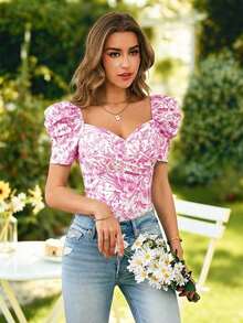 Blusa de mujer casual y elegante con estampado floral romántico y cuello en V, manga abullonada, para primavera/verano.Blusa floral de verano, blusa de primavera, blusa de manga abullonada, blusa floral, Blusa floral francesa suave del verano 2026 con cuello de corazón, manga abullonada y ajuste ceñido, blusa de manga corta linda para vacaciones, camisa delgada versátil para uso diario - Rosa 2 - Ver 5